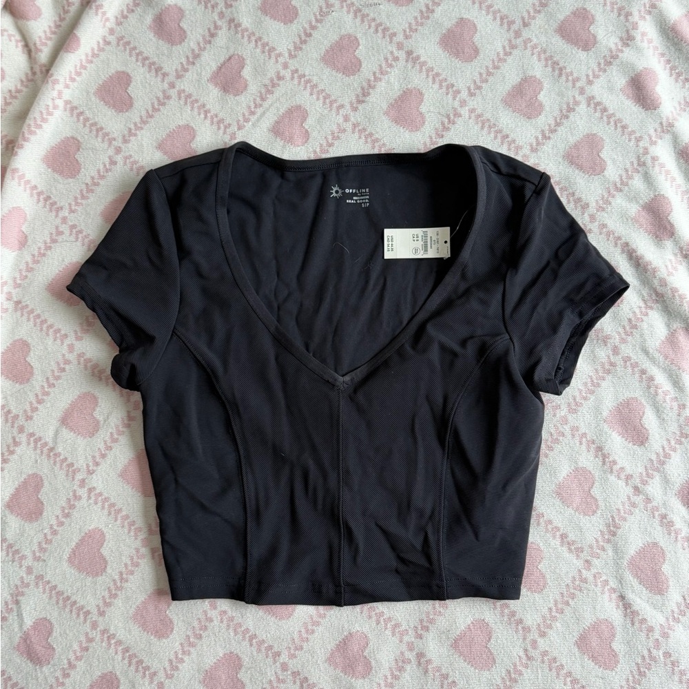 NWT Aerie Black V-Neck Cropped Corset Detail Pilates Tee